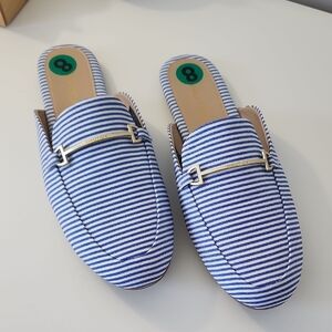 Nautica Blue and White Striped Slip-On Mules with Gold Accent